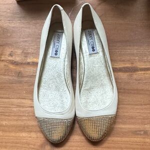 Jimmy Choo Waine Gold Chainmail Flats White Women’s Size 37 1/2 Made In Italy